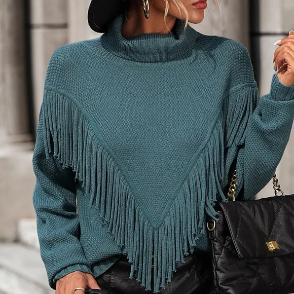Esme Fringe Turtleneck Sweater - Teal