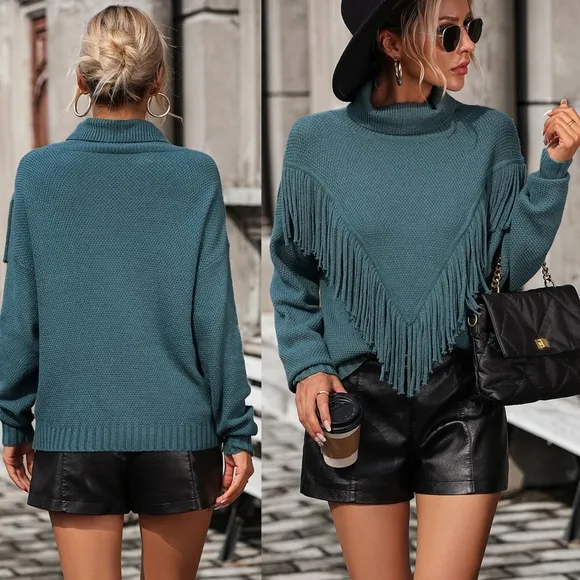 Esme Fringe Turtleneck Sweater - Teal