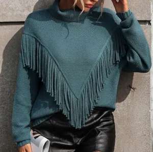 Esme Fringe Turtleneck Sweater - Teal