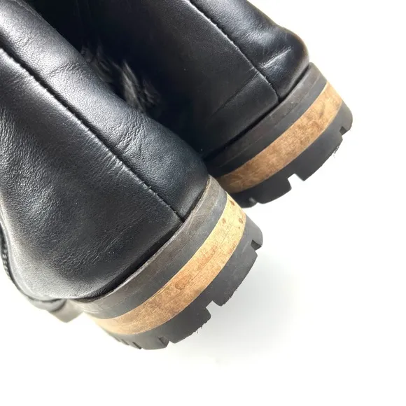 Fabianelli Black Leather Faux Shearling Fold-Over Italian Made Moto Boots 9.5