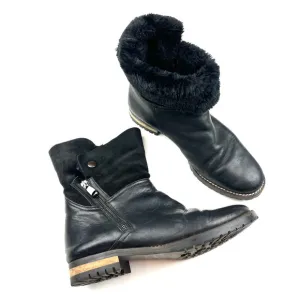 Fabianelli Black Leather Faux Shearling Fold-Over Italian Made Moto Boots 9.5