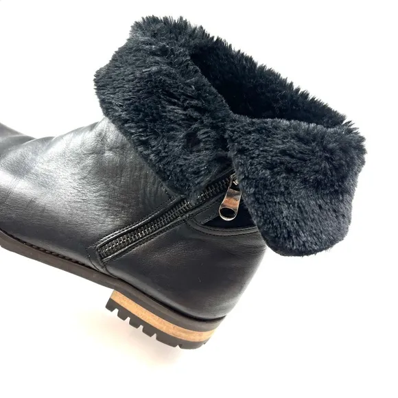 Fabianelli Black Leather Faux Shearling Fold-Over Italian Made Moto Boots 9.5