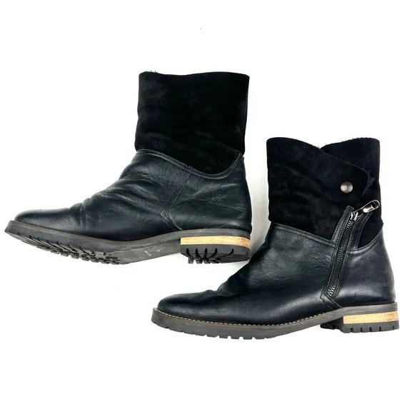 Fabianelli Black Leather Faux Shearling Fold-Over Italian Made Moto Boots 9.5