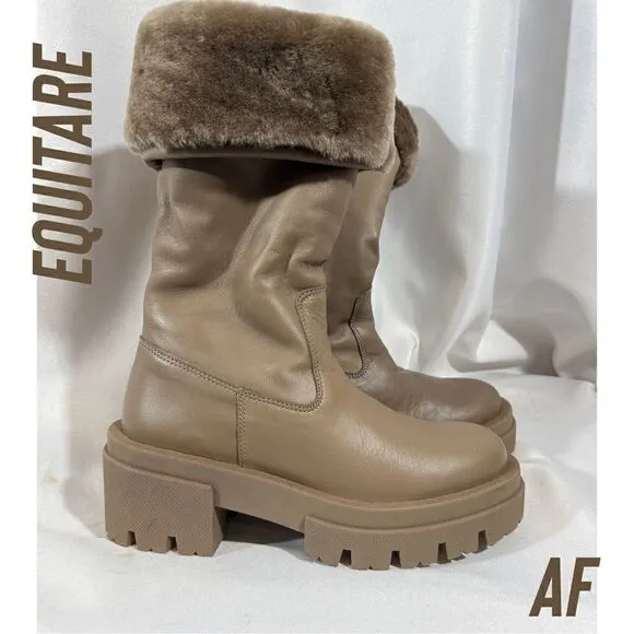 FREE PEOPLE BY EQUITARE KAREN NAPA MOUTON BOOTS TAUPE NEW SIZE 36