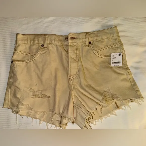 FREE PEOPLE Distressed Beige Denim Shorts