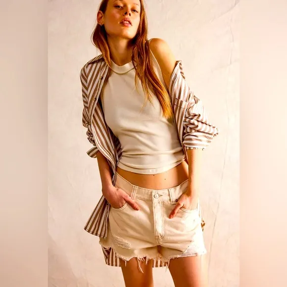 FREE PEOPLE Distressed Beige Denim Shorts