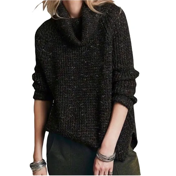 Free People Dylan Tweedy Wool Blend Chunky KnitOversized Turtleneck Sweater SM