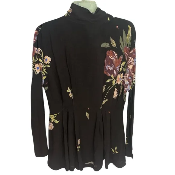 Free People Gemma Tunic Black Floral Open Tie Back Floral Mini  Dress Boho S