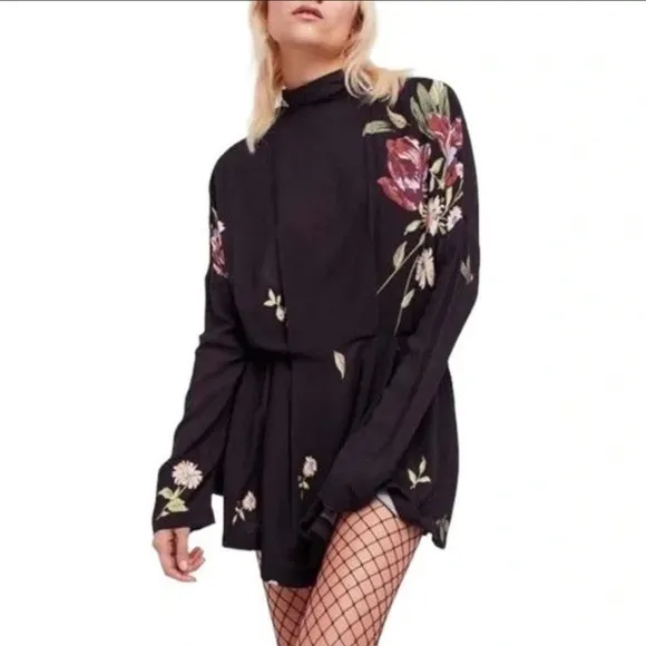 Free People Gemma Tunic Black Floral Open Tie Back Floral Mini  Dress Boho S