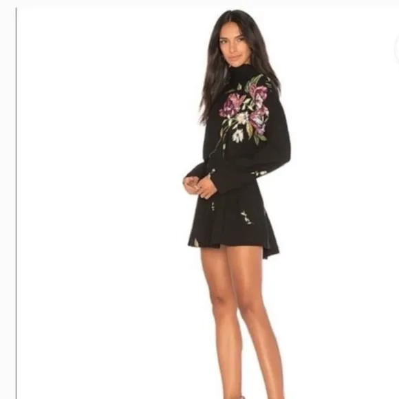 Free People Gemma Tunic Black Floral Open Tie Back Floral Mini  Dress Boho S