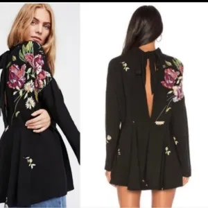 Free People Gemma Tunic Black Floral Open Tie Back Floral Mini  Dress Boho S