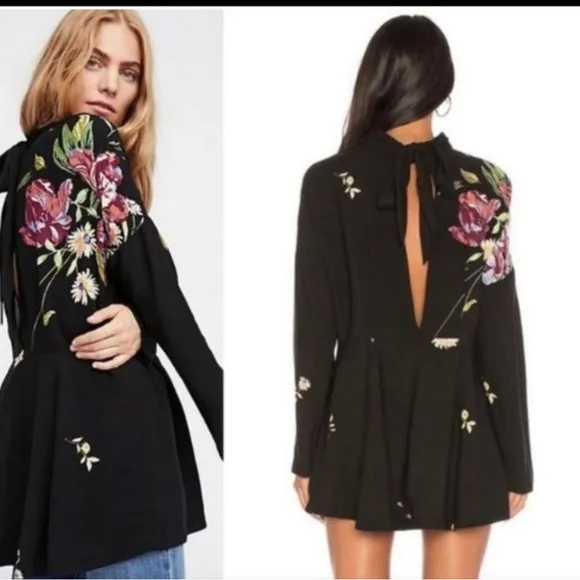 Free People Gemma Tunic Black Floral Open Tie Back Floral Mini  Dress Boho S