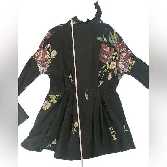 Free People Gemma Tunic Black Floral Open Tie Back Floral Mini  Dress Boho S
