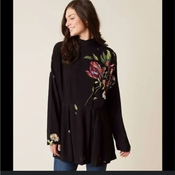 Free People Gemma Tunic Black Floral Open Tie Back Floral Mini  Dress Boho S