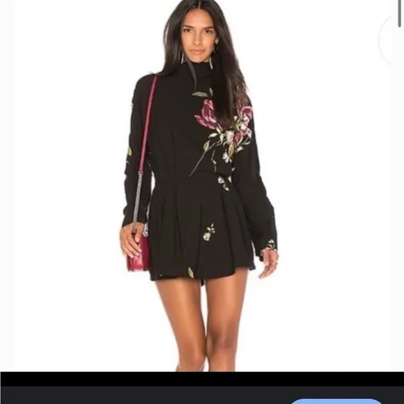 Free People Gemma Tunic Black Floral Open Tie Back Floral Mini  Dress Boho S