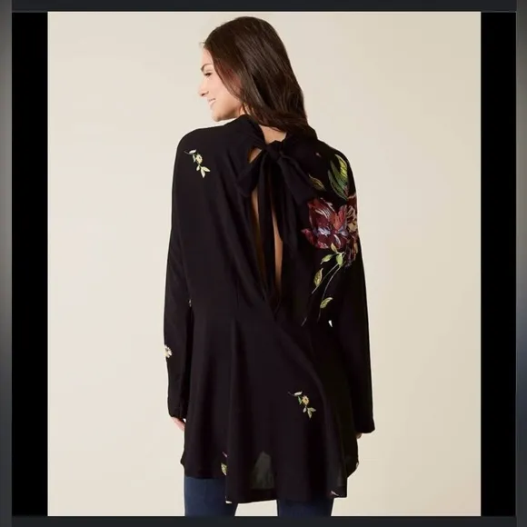 Free People Gemma Tunic Black Floral Open Tie Back Floral Mini  Dress Boho S
