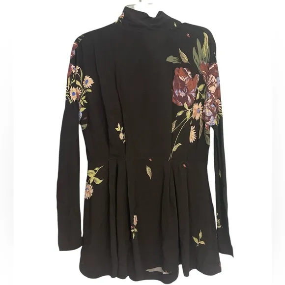 Free People Gemma Tunic Black Floral Open Tie Back Floral Mini  Dress Boho S