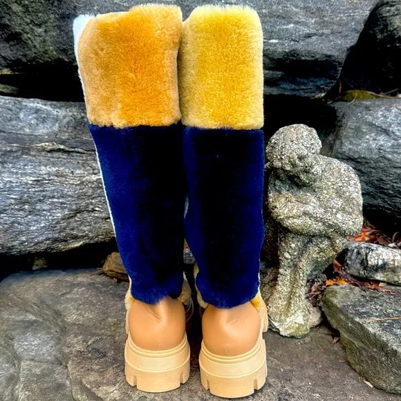 FREE PEOPLE REAL FUR TALL COLORBLOCK BOOTS - 37 EURO/ 7 US 💙🤍🤎❄️