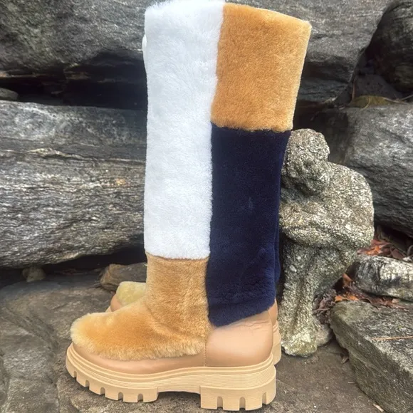 FREE PEOPLE REAL FUR TALL COLORBLOCK BOOTS - 37 EURO/ 7 US 💙🤍🤎❄️
