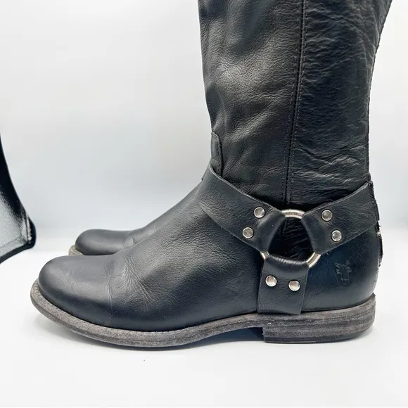 Frye Black Harness Leather Riding Boots Back Zip Size 7