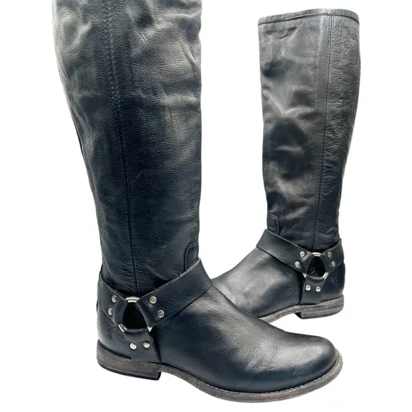 Frye Black Harness Leather Riding Boots Back Zip Size 7