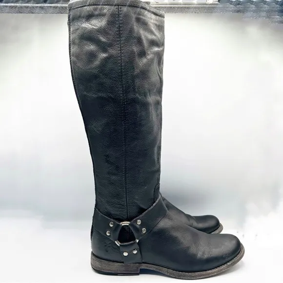 Frye Black Harness Leather Riding Boots Back Zip Size 7