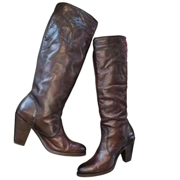 Frye Boots Womens Brown Size 8.5 Leather Mustang Seam Stitch Knee High Western
