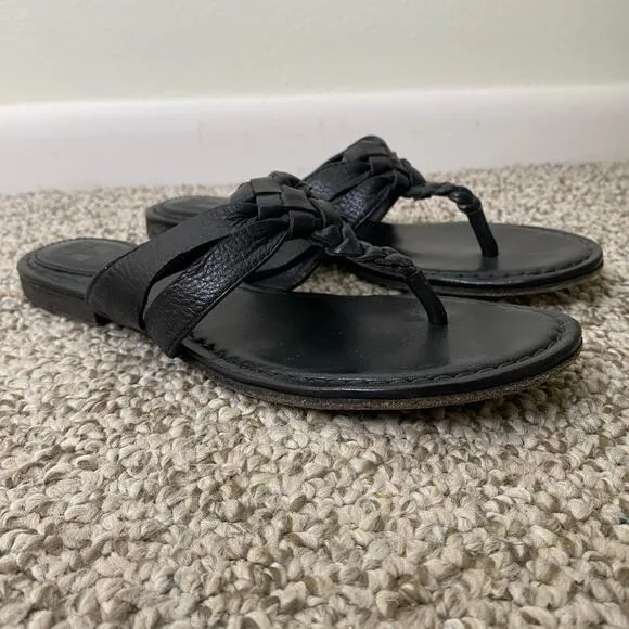 Frye Carson Sandals Size 8.5 Black Twisted Leather Thong Neutral Staple Casual