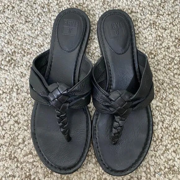 Frye Carson Sandals Size 8.5 Black Twisted Leather Thong Neutral Staple Casual