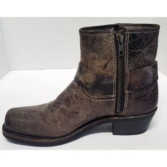 Frye Moto Boots Harness Conway 8.5 VTG Style Antique Distress Finish Gloss Brown