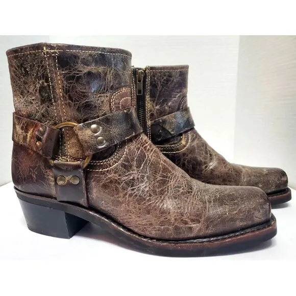 Frye Moto Boots Harness Conway 8.5 VTG Style Antique Distress Finish Gloss Brown