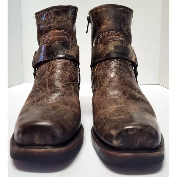Frye Moto Boots Harness Conway 8.5 VTG Style Antique Distress Finish Gloss Brown