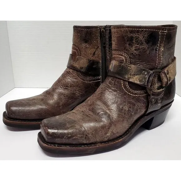 Frye Moto Boots Harness Conway 8.5 VTG Style Antique Distress Finish Gloss Brown