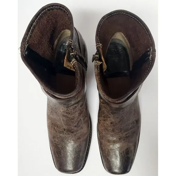 Frye Moto Boots Harness Conway 8.5 VTG Style Antique Distress Finish Gloss Brown