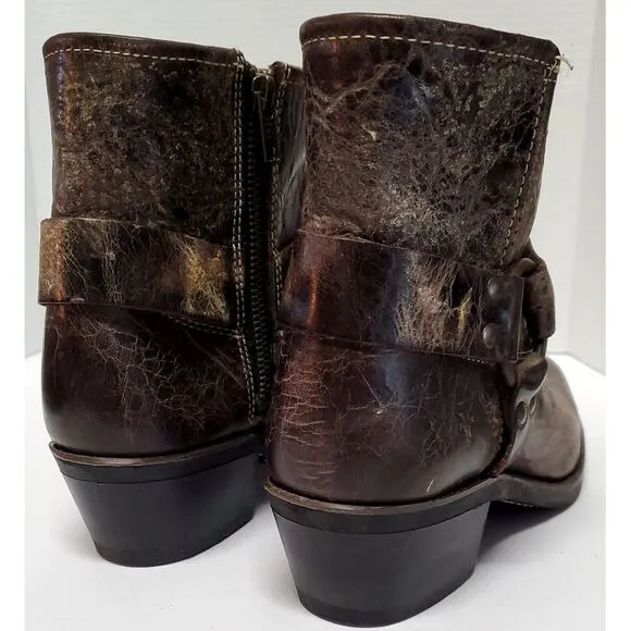Frye Moto Boots Harness Conway 8.5 VTG Style Antique Distress Finish Gloss Brown