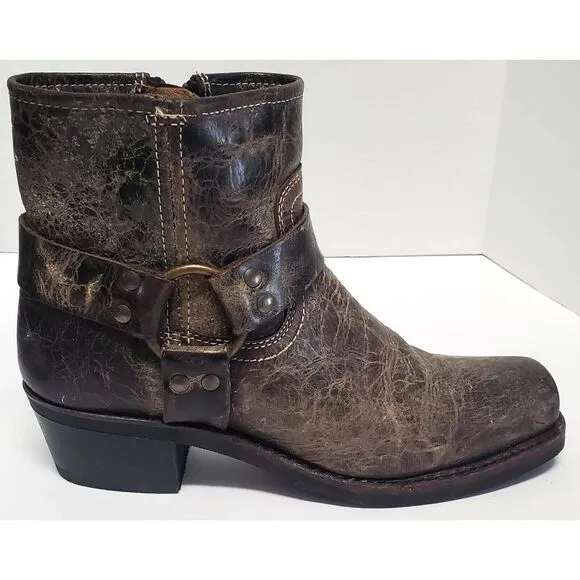 Frye Moto Boots Harness Conway 8.5 VTG Style Antique Distress Finish Gloss Brown
