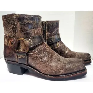 Frye Moto Boots Harness Conway 8.5 VTG Style Antique Distress Finish Gloss Brown