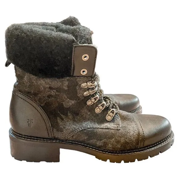 Frye Samantha Camo Hiker Combat Boots Shearling