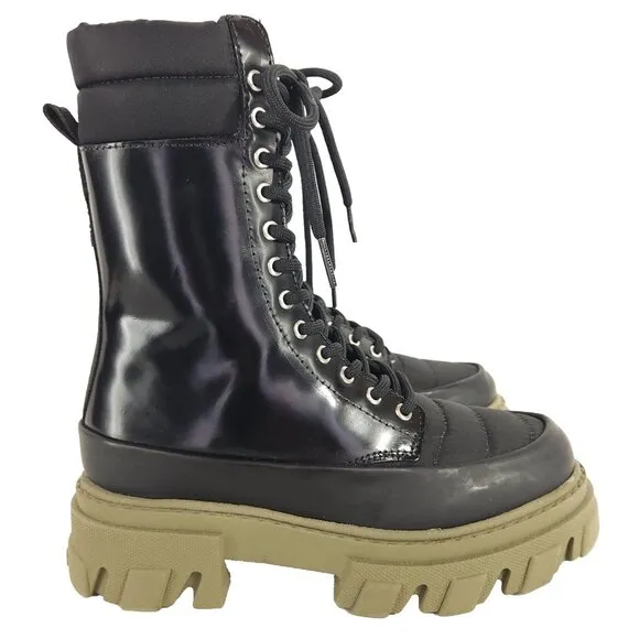 Ganni Quilted Nylon &amp; Leather Combat Boot Size 35 US 5 Black Green $475