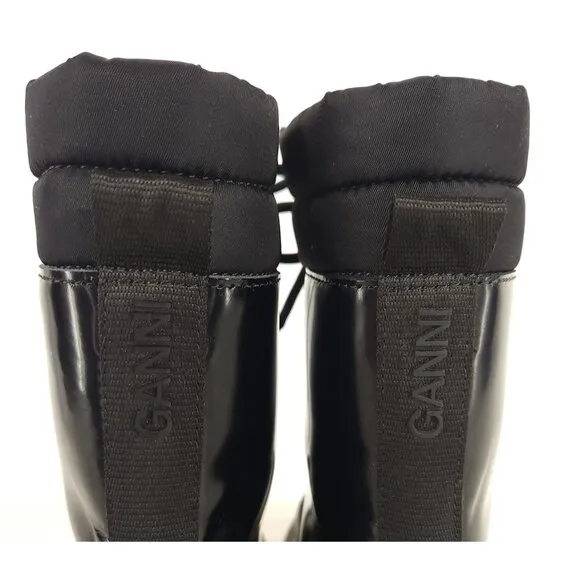 Ganni Quilted Nylon &amp; Leather Combat Boot Size 35 US 5 Black Green $475