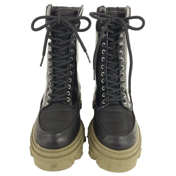 Ganni Quilted Nylon &amp; Leather Combat Boot Size 35 US 5 Black Green $475