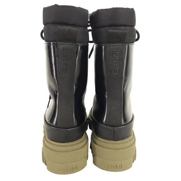 Ganni Quilted Nylon &amp; Leather Combat Boot Size 35 US 5 Black Green $475