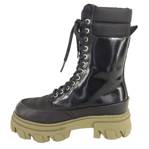 Ganni Quilted Nylon &amp; Leather Combat Boot Size 35 US 5 Black Green $475
