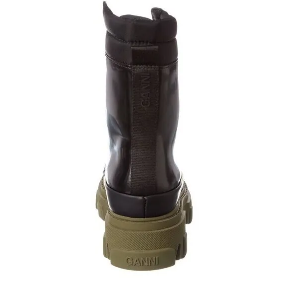 Ganni Quilted Nylon &amp; Leather Combat Boot Size 35 US 5 Black Green $475