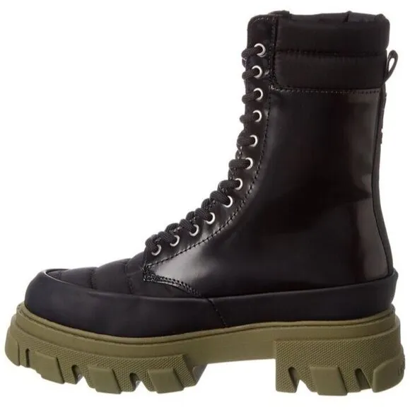 Ganni Quilted Nylon &amp; Leather Combat Boot Size 35 US 5 Black Green $475