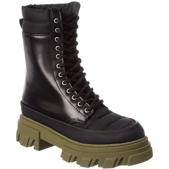 Ganni Quilted Nylon &amp; Leather Combat Boot Size 35 US 5 Black Green $475