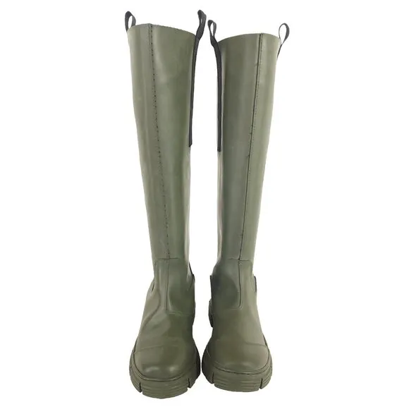 Ganni Round Toe Knee-High Boots Size 38 US 8 Green $375