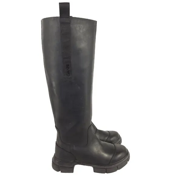Ganni Rubber Country Boots Size 37 US 7 Black Womens $375