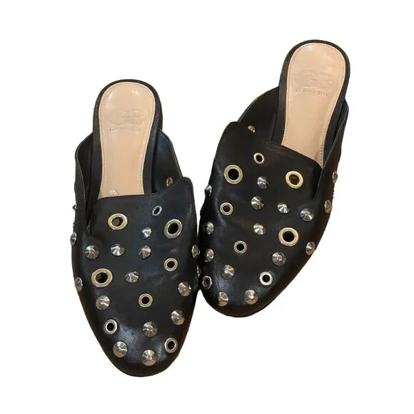 Gianni Bini black leather studded grommet mules slides 7M
