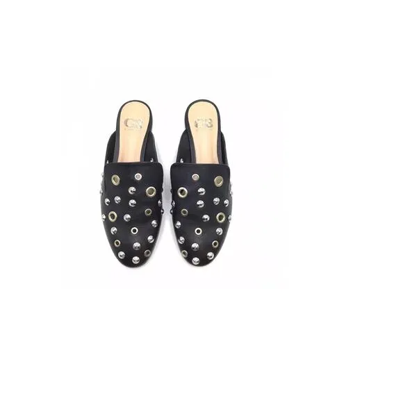 Gianni Bini black leather studded grommet mules slides 7M